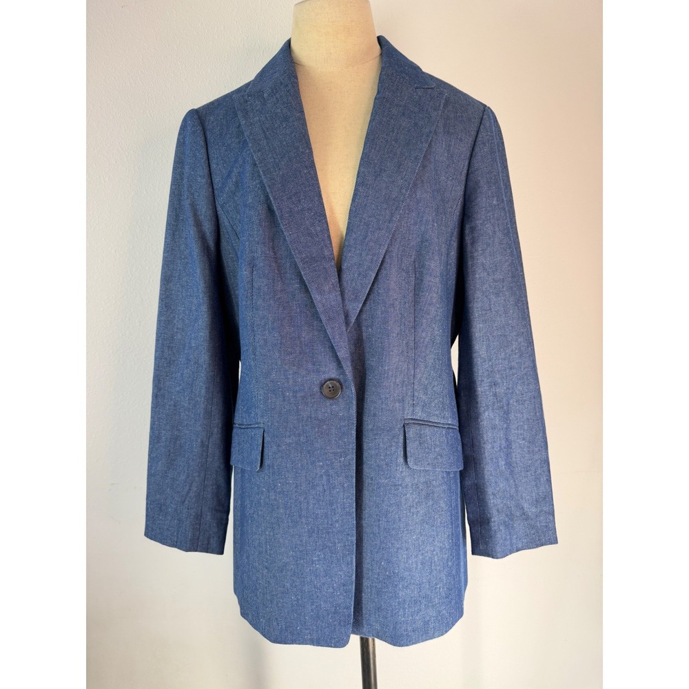 Talbots Single Button Blue Blazer Jacket Size 14 Cotton Linen Minimalist Preppy